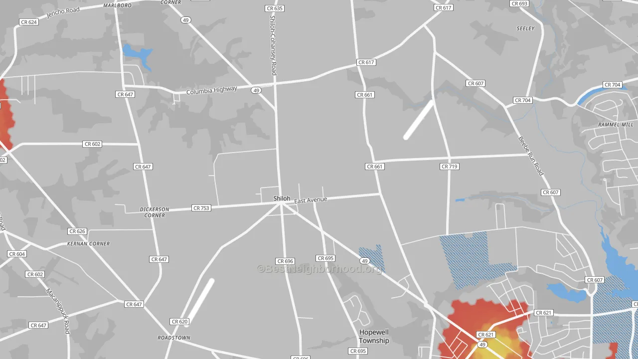 Walk Grade map of Shiloh, NJ, walkable areas in green and car-dependent areas in red