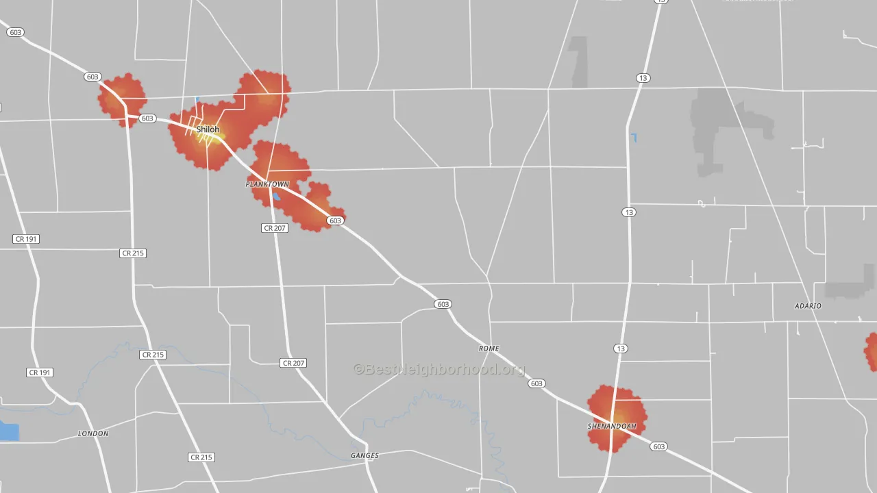 Walk Grade map of Shiloh, OH, walkable areas in green and car-dependent areas in red