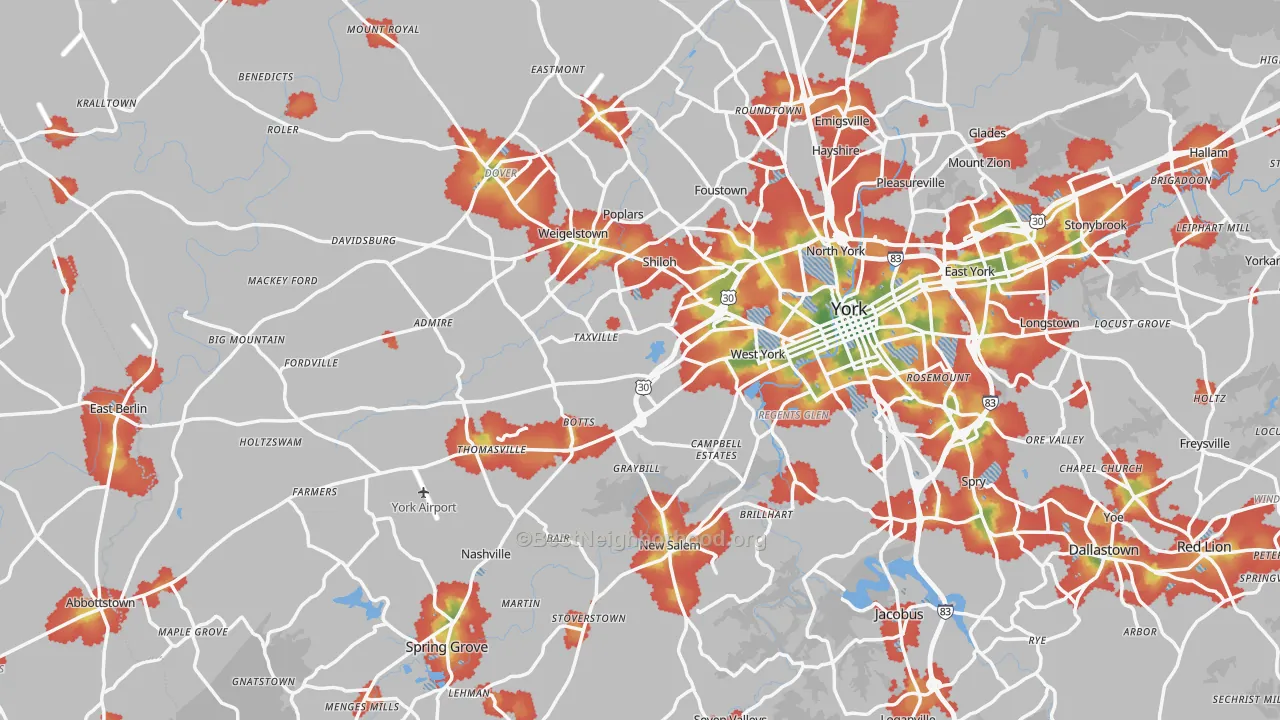 Walk Grade map of Shiloh, PA, walkable areas in green and car-dependent areas in red