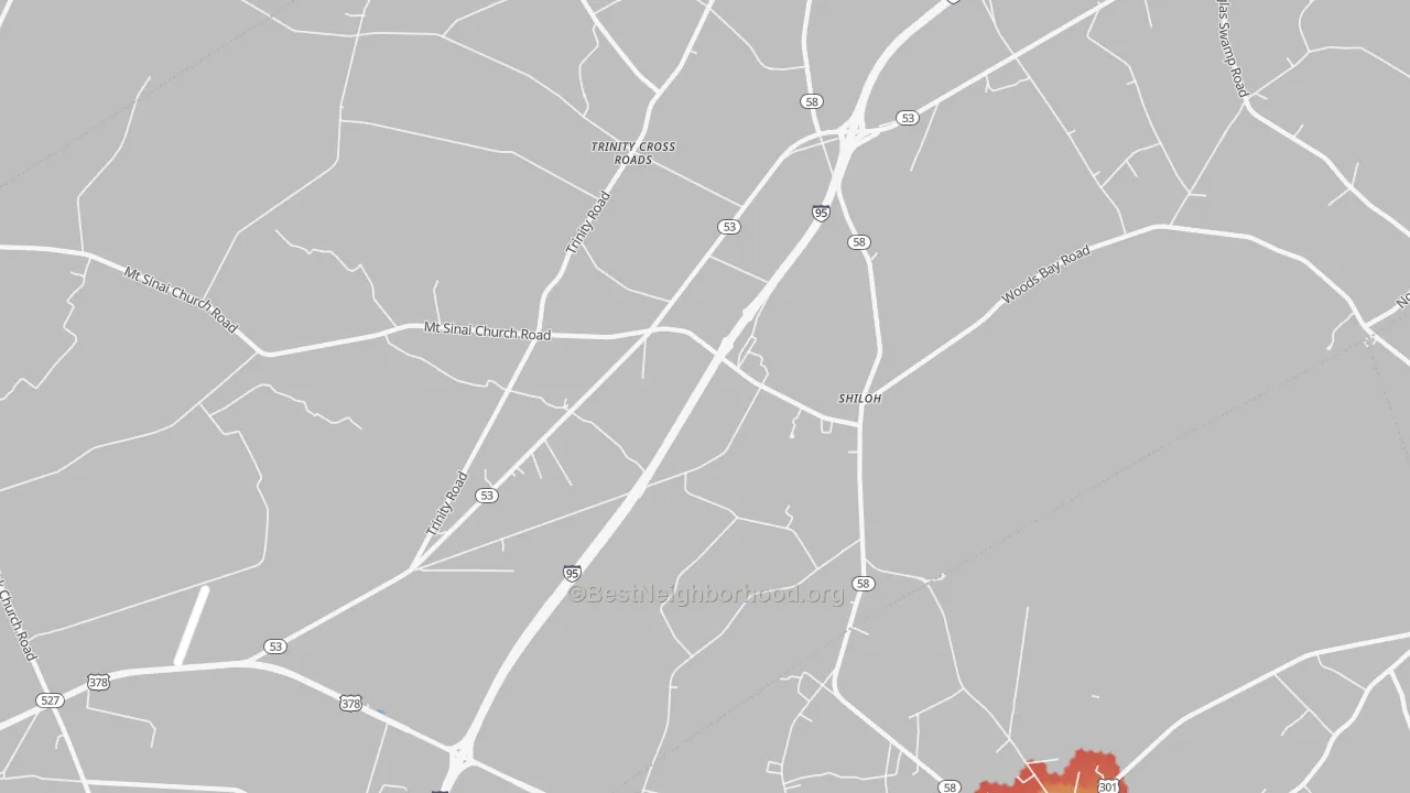 Walk Grade map of Shiloh, SC, walkable areas in green and car-dependent areas in red