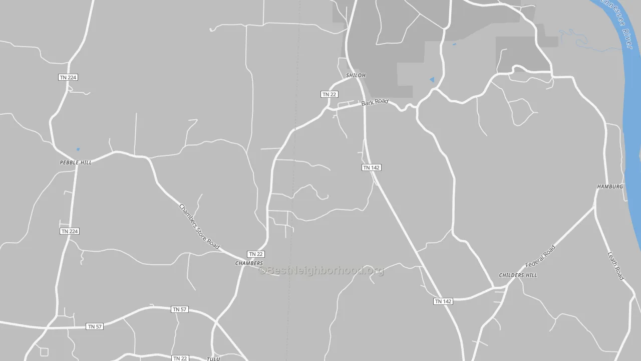 Walk Grade map of Shiloh, TN, walkable areas in green and car-dependent areas in red