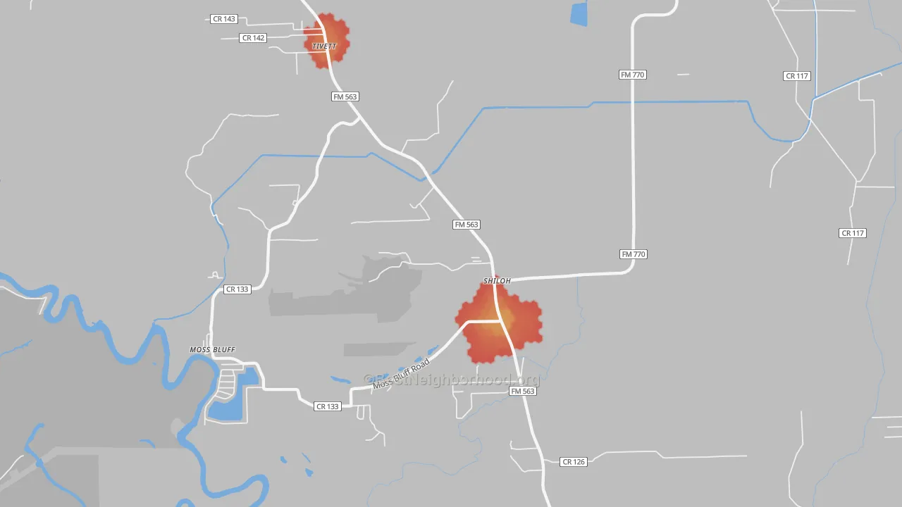 Walk Grade map of Shiloh, TX, walkable areas in green and car-dependent areas in red