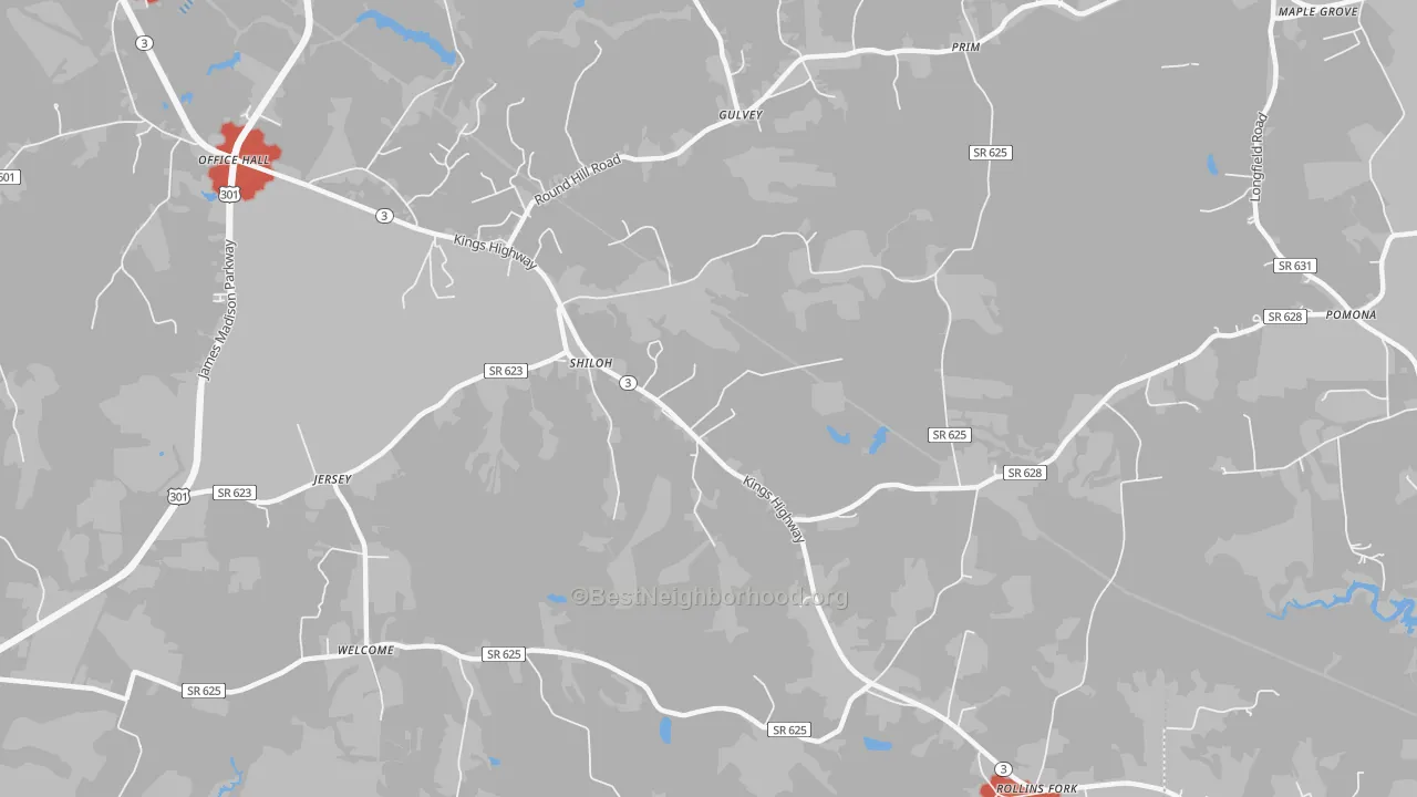 Walk Grade map of Shiloh, VA, walkable areas in green and car-dependent areas in red