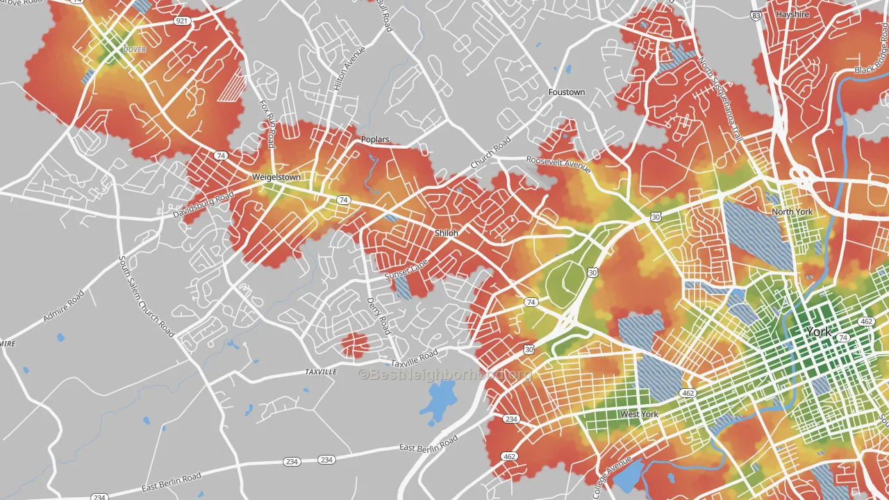 Walk Grade map of Shiloh, York, PA, walkable areas in green and car-dependent areas in red