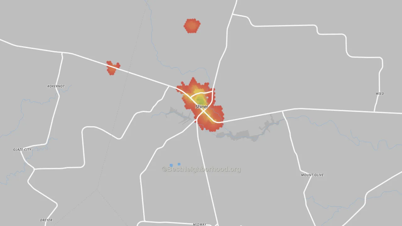 Walk Grade map of Shiner, TX, walkable areas in green and car-dependent areas in red