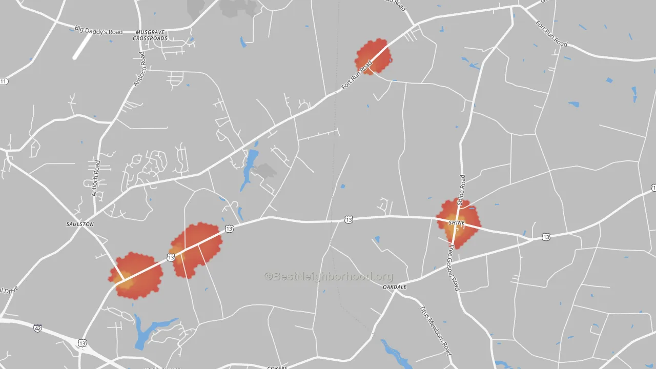 Walk Grade map of Shines Crossroads, NC, walkable areas in green and car-dependent areas in red