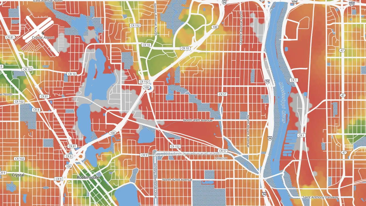 Walk Grade map of Shingle Creek, Minneapolis, MN, walkable areas in green and car-dependent areas in red