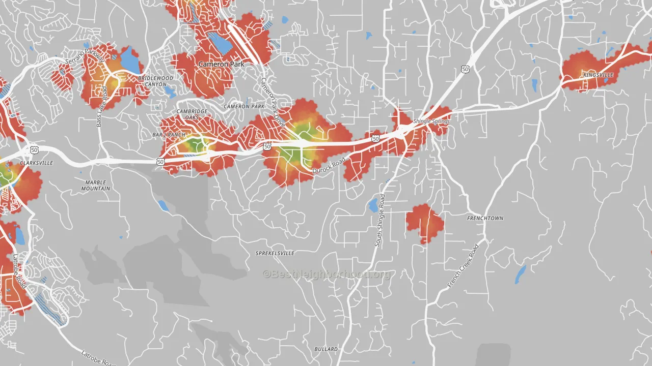 Walk Grade map of Shingle Springs, CA, walkable areas in green and car-dependent areas in red