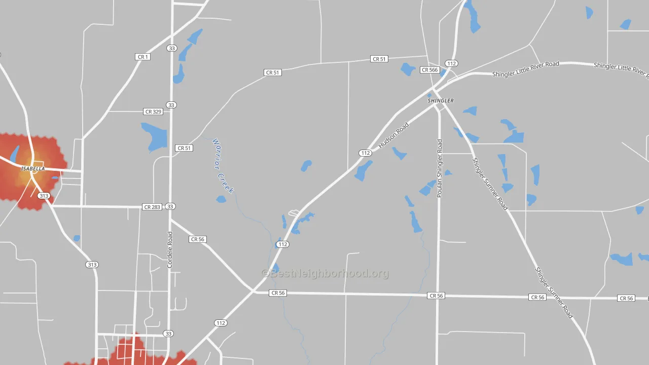 Walk Grade map of Shingler, GA, walkable areas in green and car-dependent areas in red