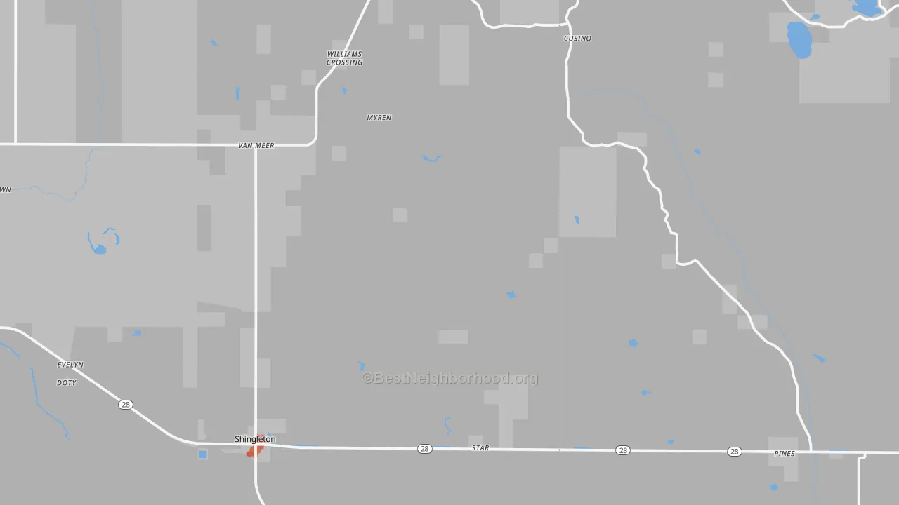 Walk Grade map of Shingleton, MI, walkable areas in green and car-dependent areas in red
