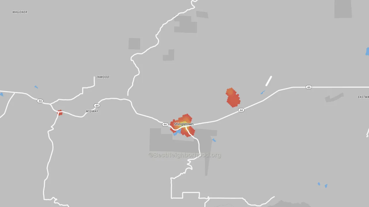 Walk Grade map of Shingletown, CA, walkable areas in green and car-dependent areas in red