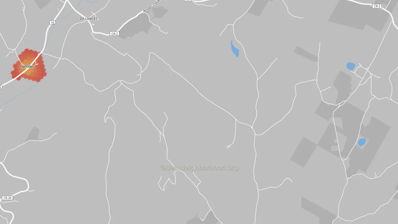 Walk Grade map of Shinhopple, NY, walkable areas in green and car-dependent areas in red