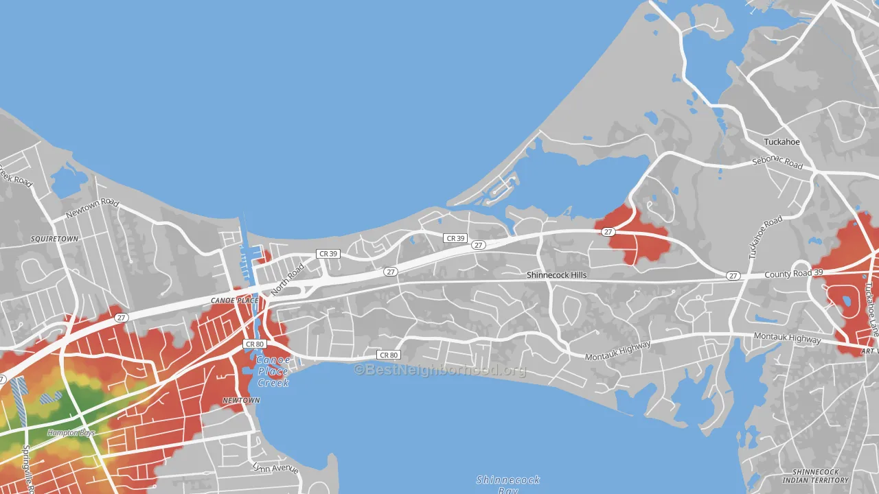Walk Grade map of Shinnecock Hills, NY, walkable areas in green and car-dependent areas in red