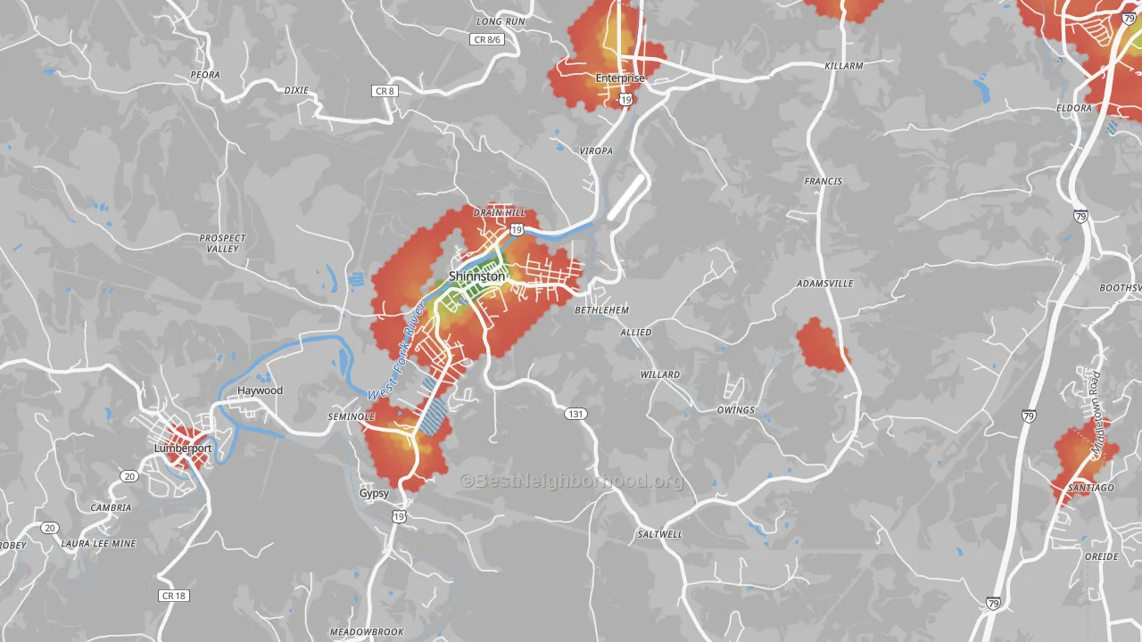 Walk Grade map of Shinnston, WV, walkable areas in green and car-dependent areas in red