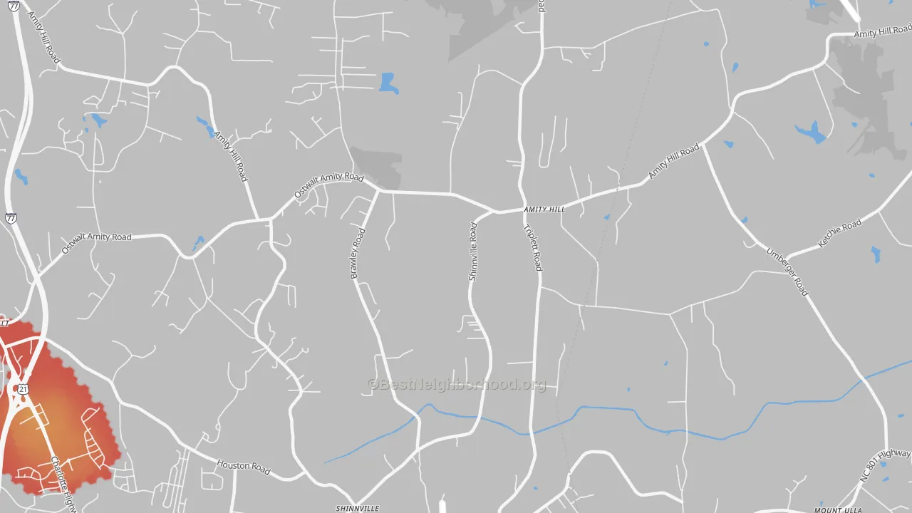 Walk Grade map of Shinnville, NC, walkable areas in green and car-dependent areas in red
