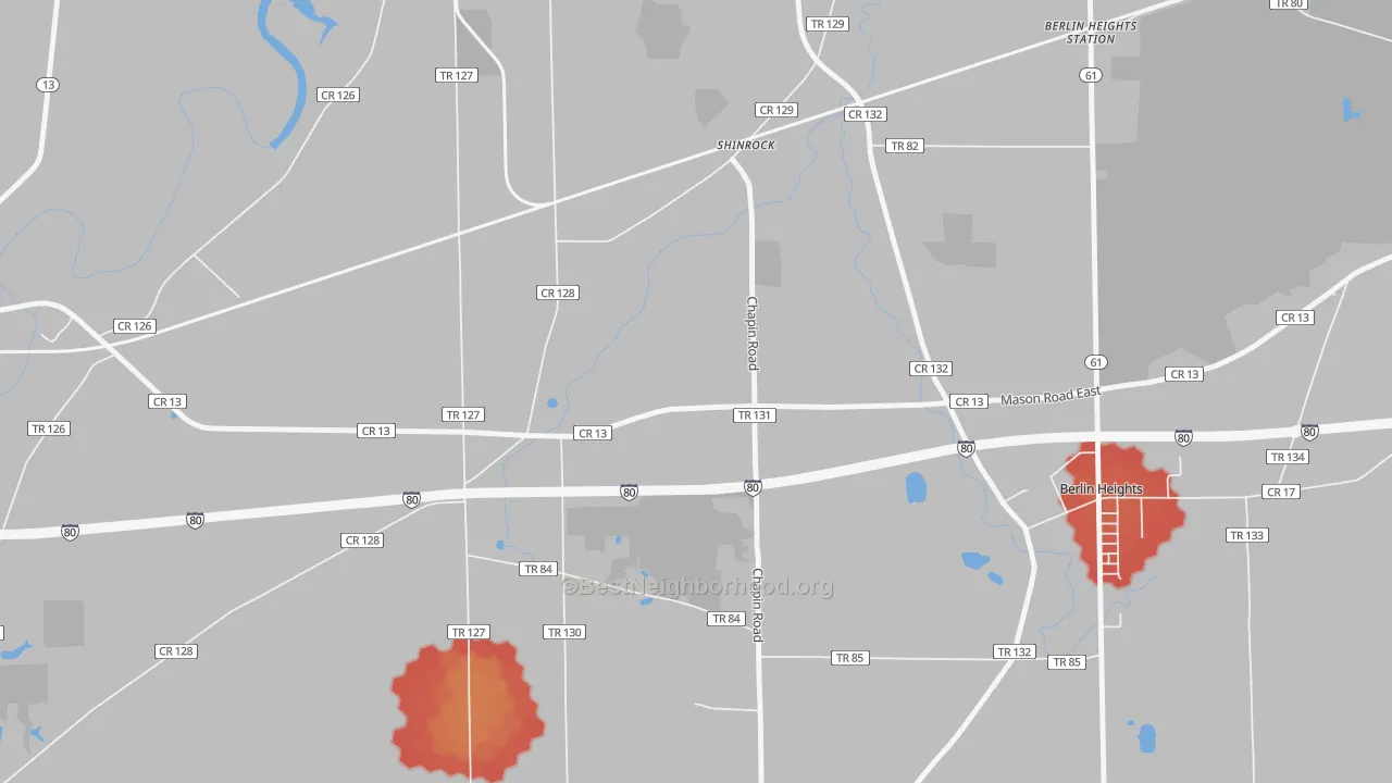 Walk Grade map of Shinrock, OH, walkable areas in green and car-dependent areas in red