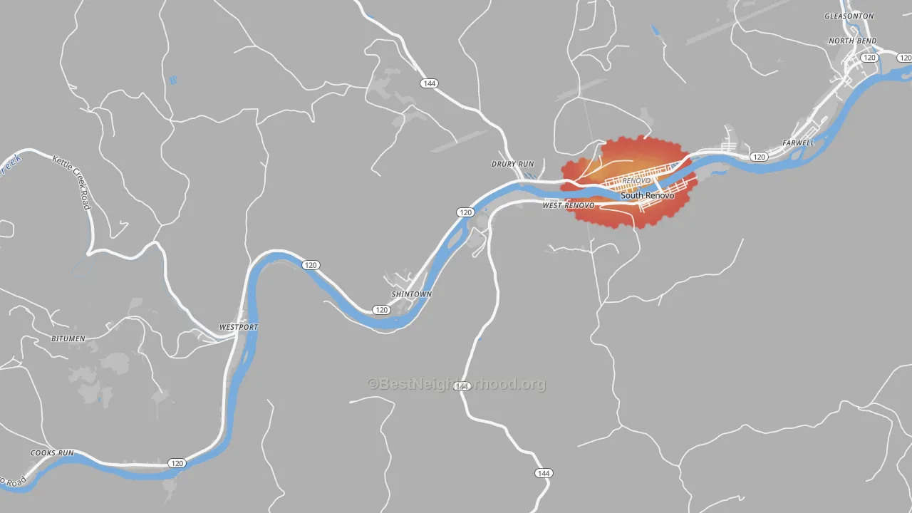 Walk Grade map of Shintown, PA, walkable areas in green and car-dependent areas in red