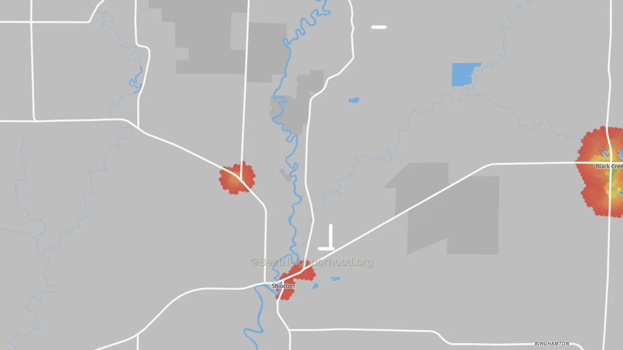 Walk Grade map of Shiocton, WI, walkable areas in green and car-dependent areas in red