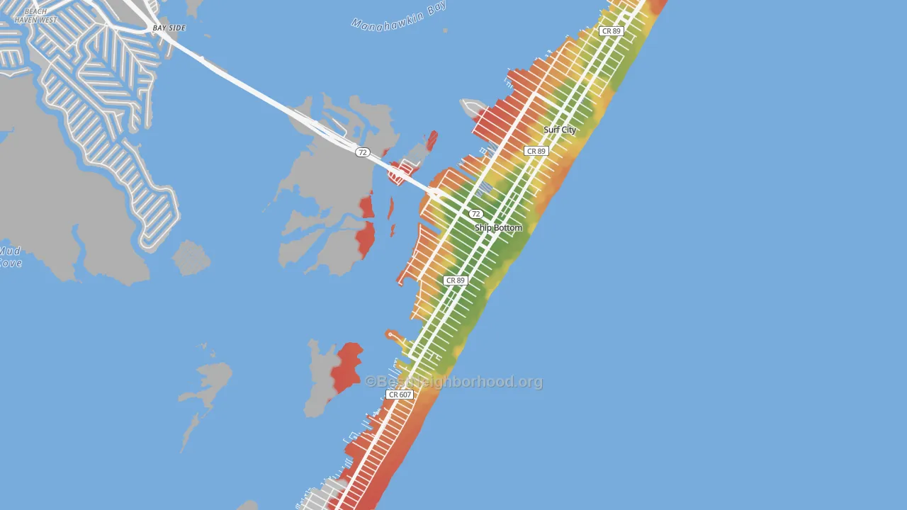 Walk Grade map of Ship Bottom, NJ, walkable areas in green and car-dependent areas in red