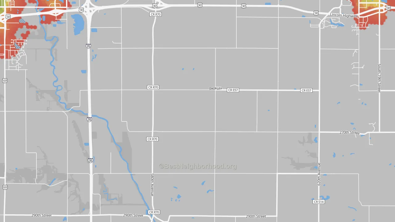 Walk Grade map of Shipley, IA, walkable areas in green and car-dependent areas in red