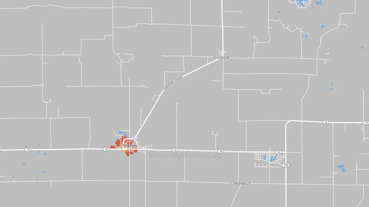 Walk Grade map of Shipman, IL, walkable areas in green and car-dependent areas in red