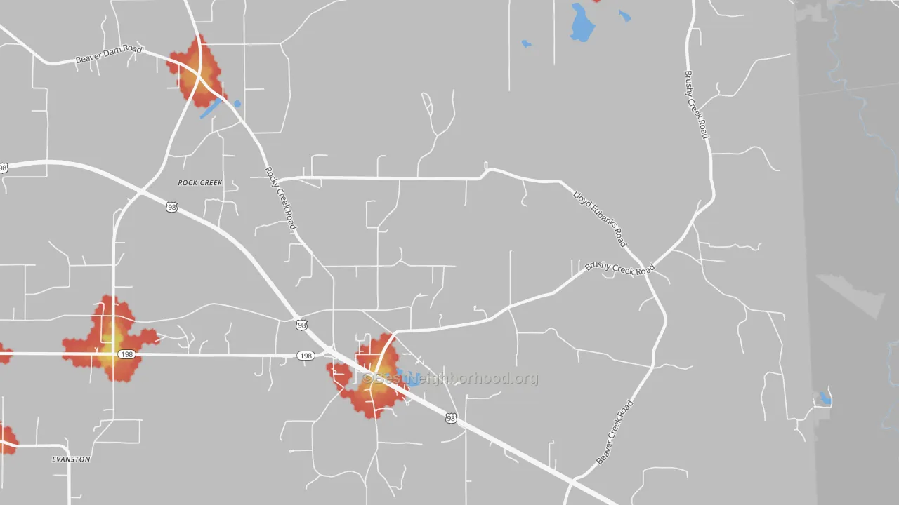 Walk Grade map of Shipman, MS, walkable areas in green and car-dependent areas in red