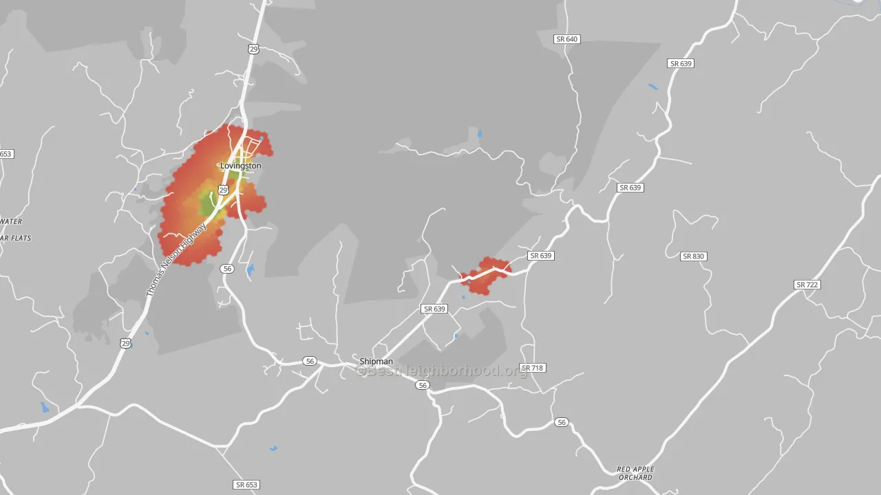 Walk Grade map of Shipman, VA, walkable areas in green and car-dependent areas in red