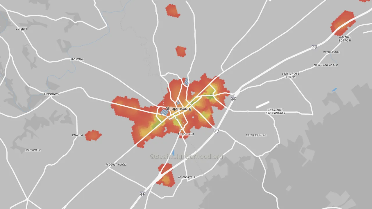 Walk Grade map of Shippensburg, PA, walkable areas in green and car-dependent areas in red