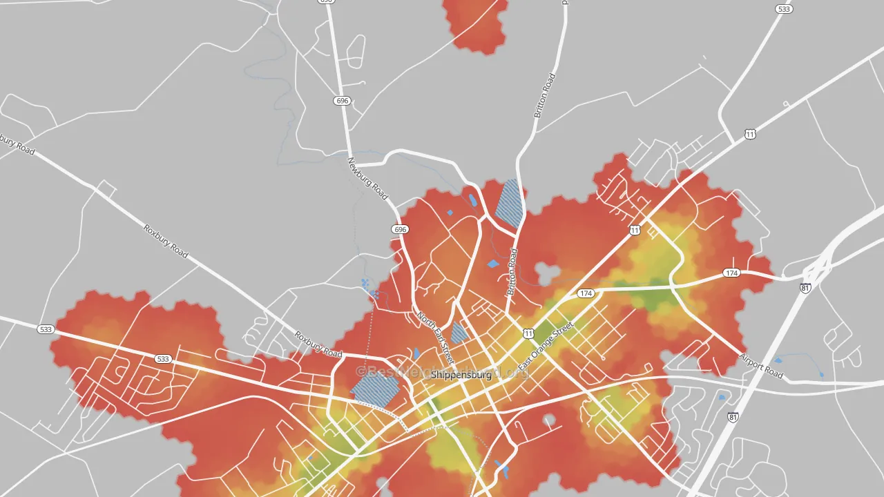 Walk Grade map of Shippensburg University, PA, walkable areas in green and car-dependent areas in red
