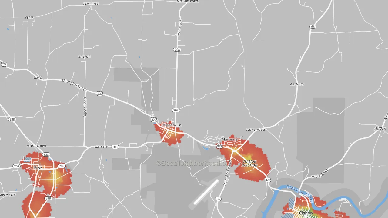 Walk Grade map of Shippenville, PA, walkable areas in green and car-dependent areas in red