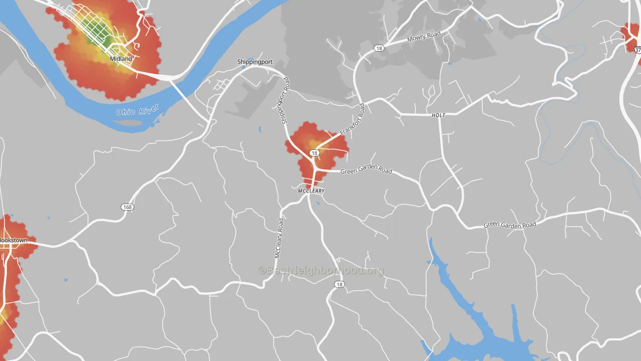 Walk Grade map of Shippingport, PA, walkable areas in green and car-dependent areas in red