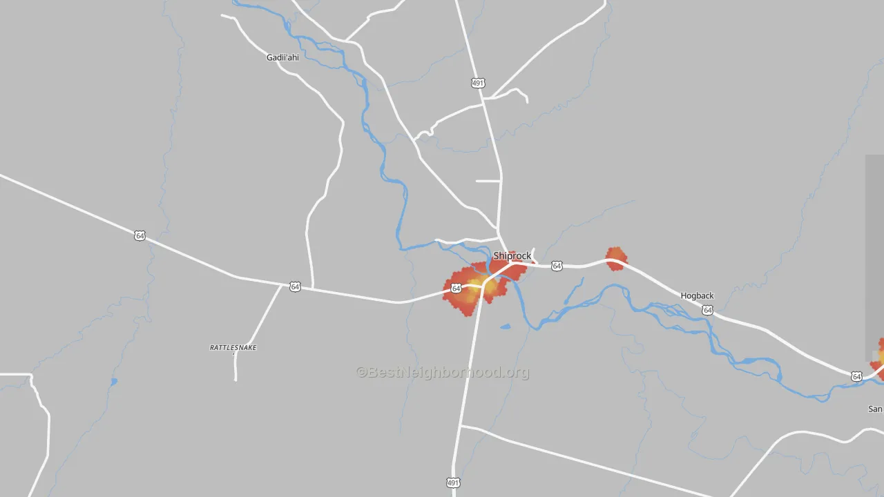 Walk Grade map of Shiprock, NM, walkable areas in green and car-dependent areas in red