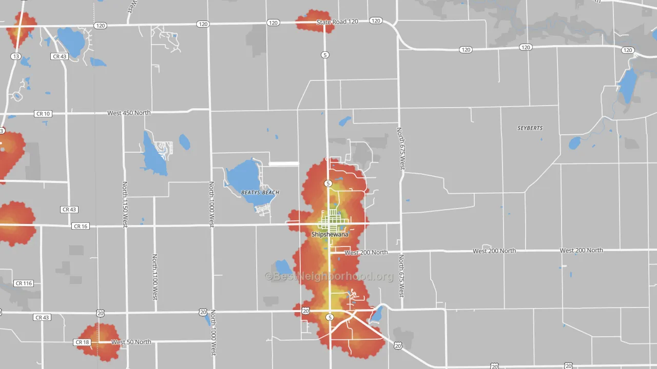 Walk Grade map of Shipshewana, IN, walkable areas in green and car-dependent areas in red