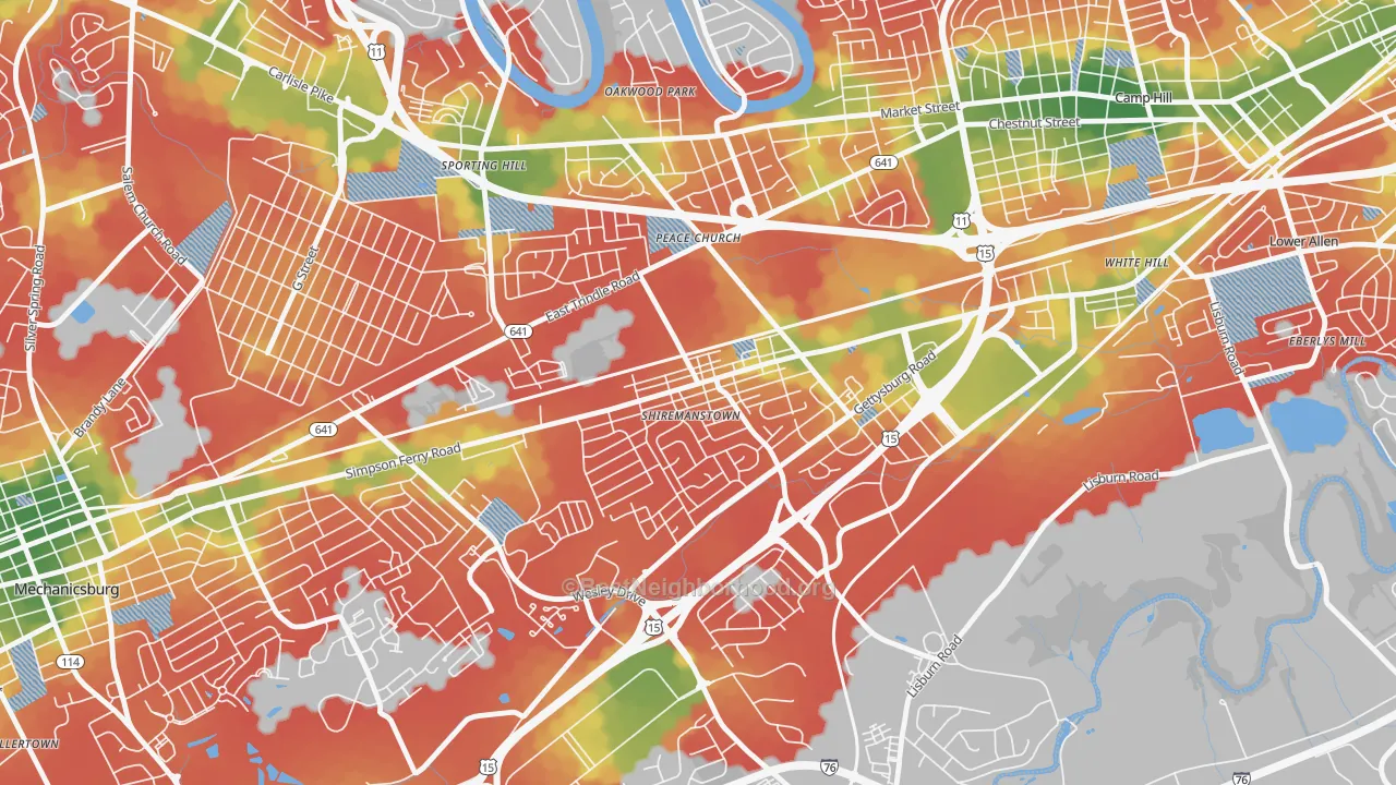 Walk Grade map of Shiremanstown, PA, walkable areas in green and car-dependent areas in red