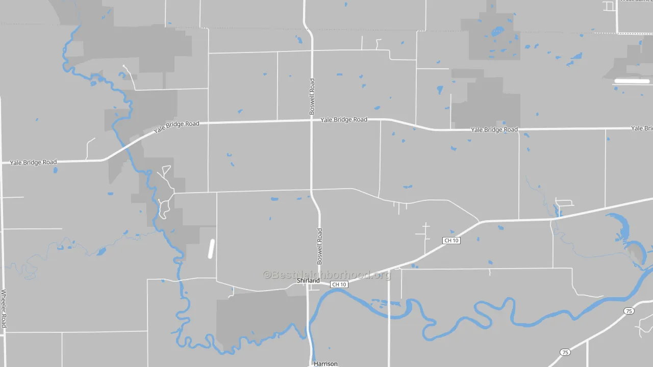 Walk Grade map of Shirland, IL, walkable areas in green and car-dependent areas in red