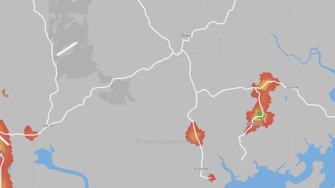 Walk Grade map of Shirley, AR, walkable areas in green and car-dependent areas in red
