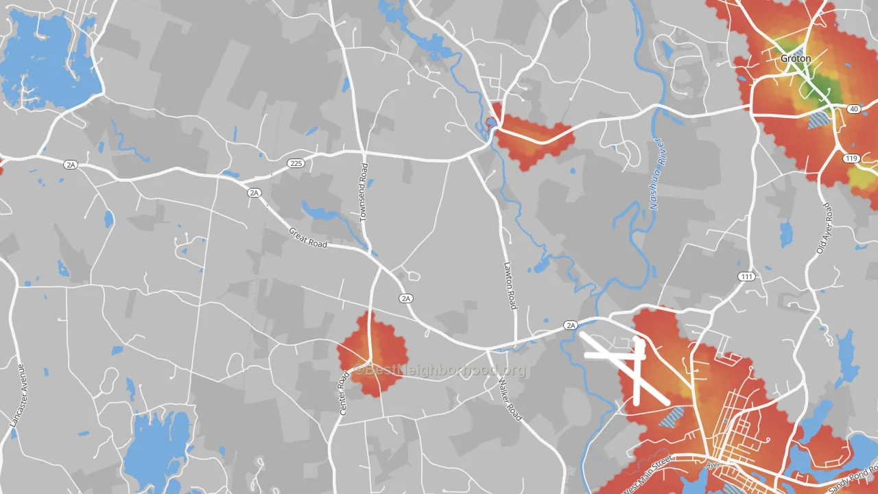 Walk Grade map of Shirley Center, MA, walkable areas in green and car-dependent areas in red