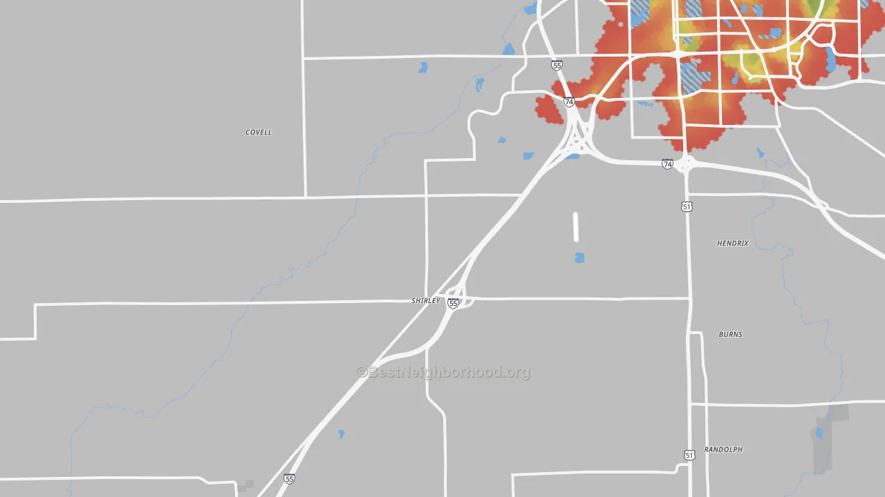 Walk Grade map of Shirley, IL, walkable areas in green and car-dependent areas in red