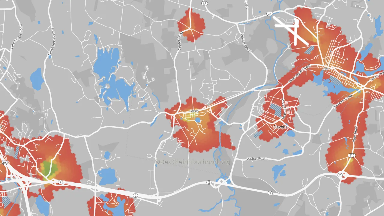 Walk Grade map of Shirley, MA, walkable areas in green and car-dependent areas in red