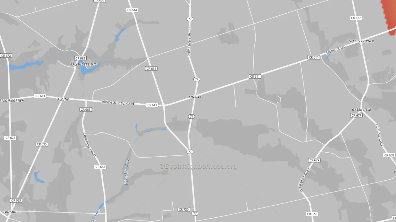 Walk Grade map of Shirley, NJ, walkable areas in green and car-dependent areas in red