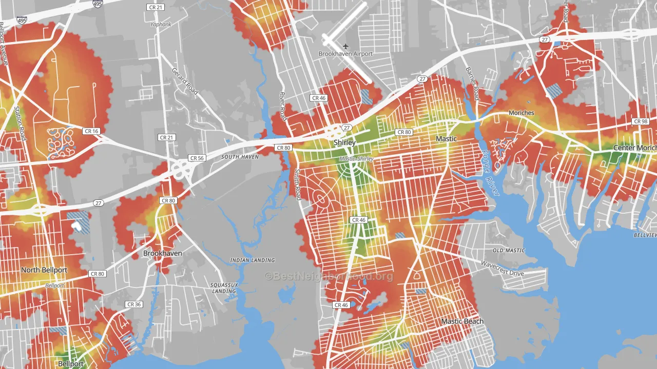 Walk Grade map of Shirley, NY, walkable areas in green and car-dependent areas in red