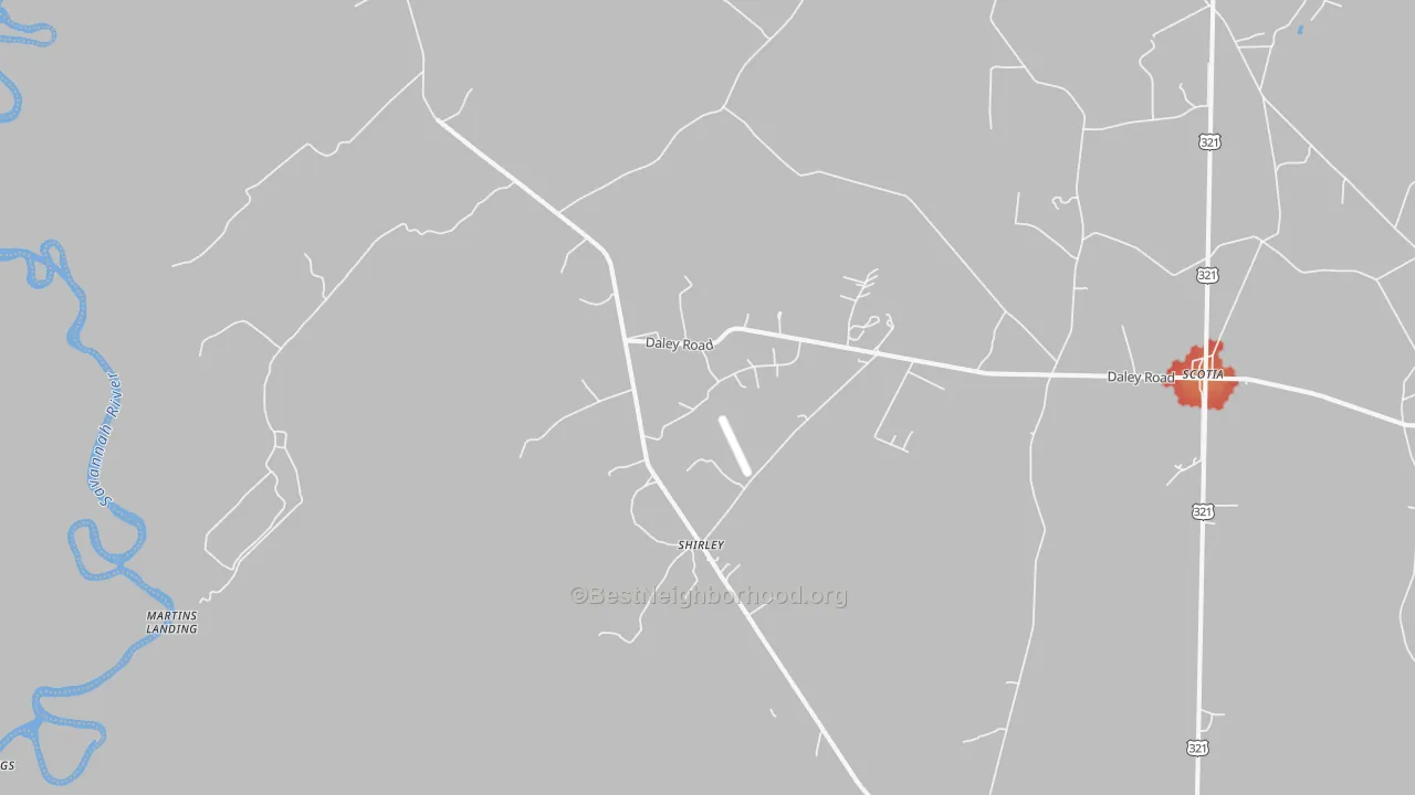 Walk Grade map of Shirley, SC, walkable areas in green and car-dependent areas in red
