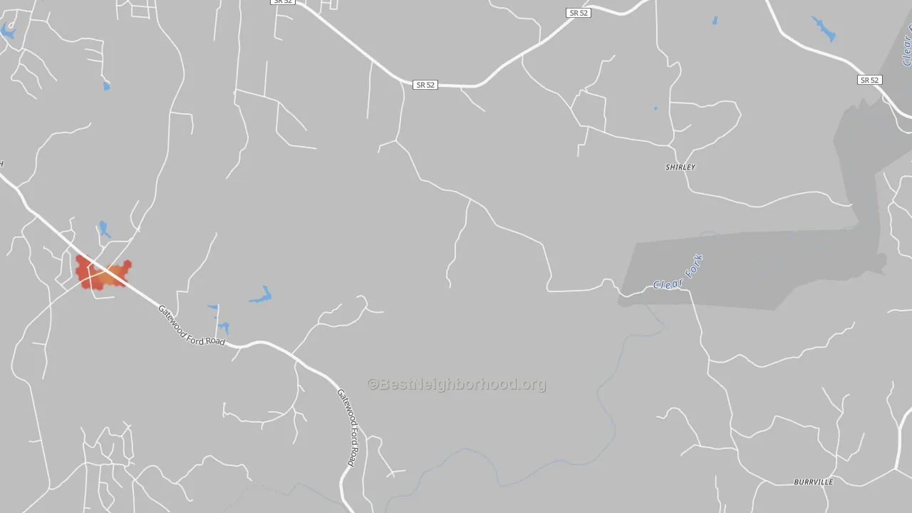 Walk Grade map of Shirley, TN, walkable areas in green and car-dependent areas in red