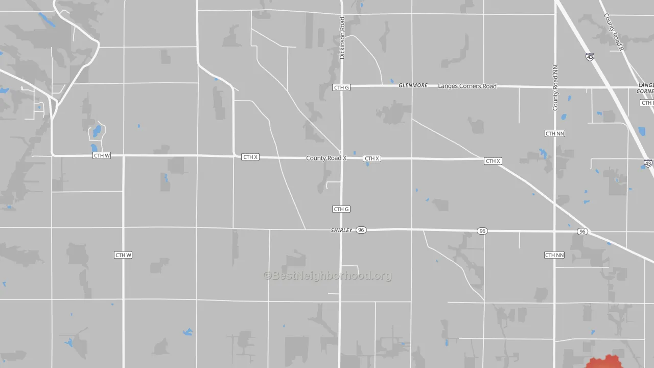 Walk Grade map of Shirley, WI, walkable areas in green and car-dependent areas in red