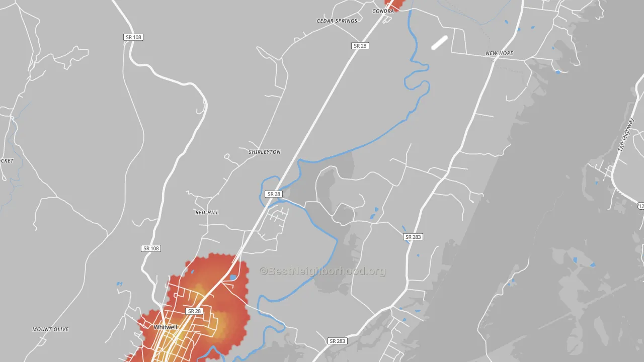 Walk Grade map of Shirleyton, TN, walkable areas in green and car-dependent areas in red