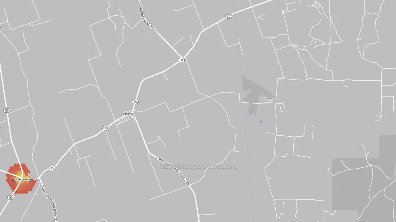 Walk Grade map of Shiro, TX, walkable areas in green and car-dependent areas in red
