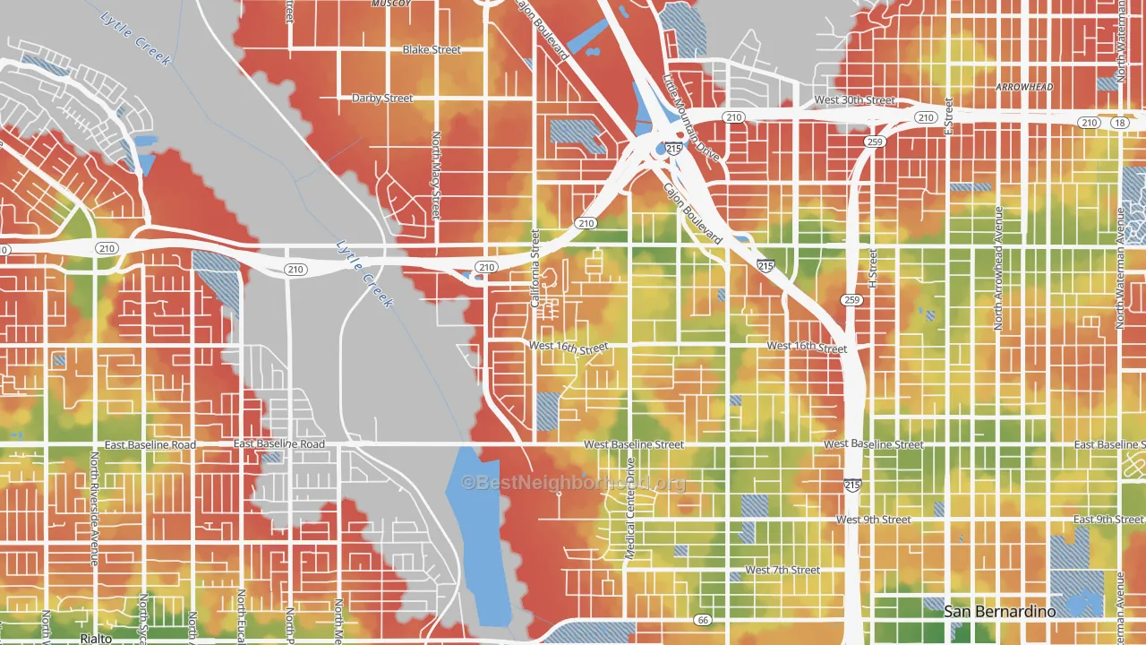 Walk Grade map of Shirrells, San Bernardino, CA, walkable areas in green and car-dependent areas in red