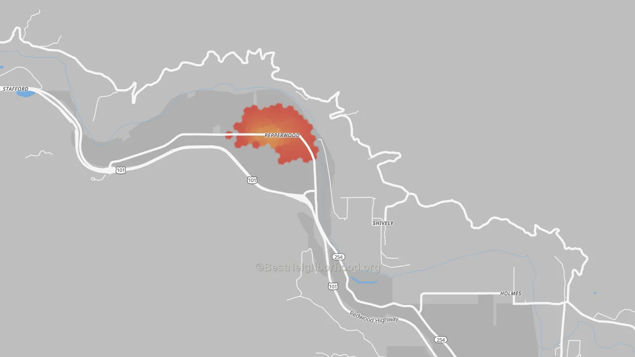 Walk Grade map of Shively, CA, walkable areas in green and car-dependent areas in red