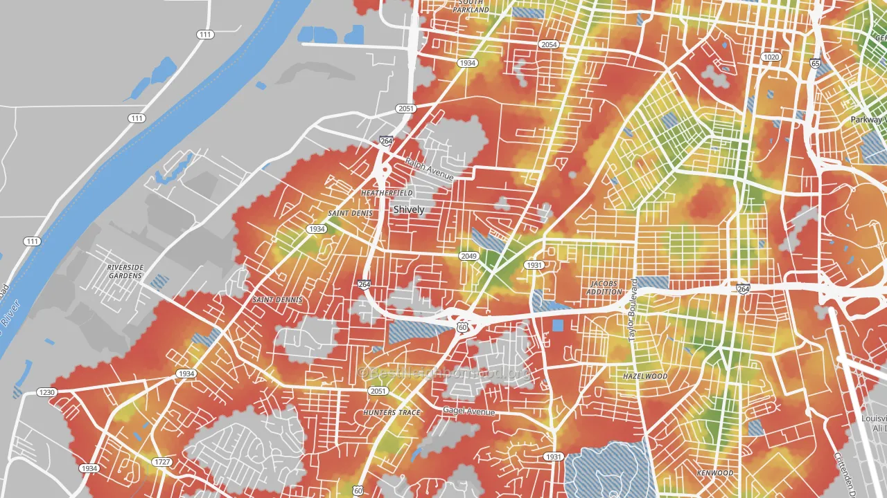 Walk Grade map of Shively, KY, walkable areas in green and car-dependent areas in red