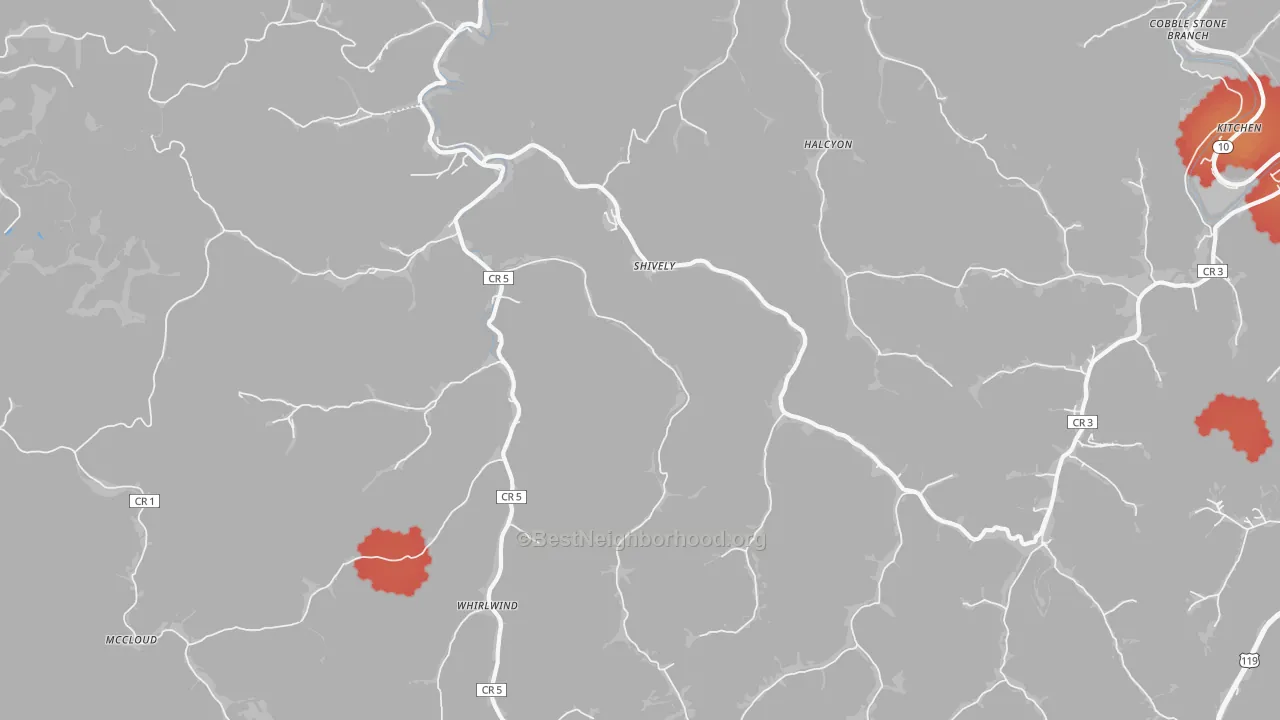 Walk Grade map of Shively, WV, walkable areas in green and car-dependent areas in red